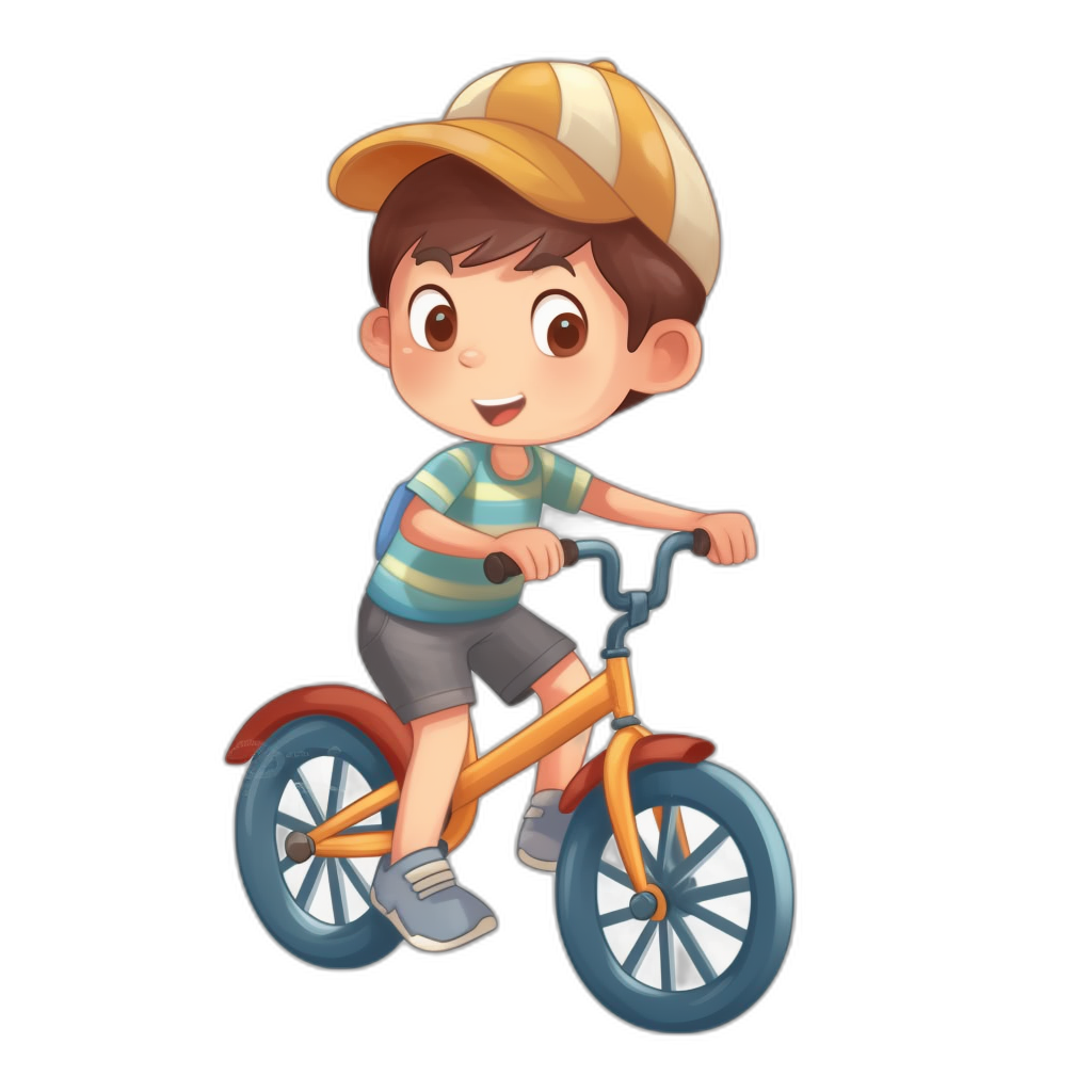 A cute cartoon of a boy on a bike, wearing a cap and T-shirt, in the clip art style, with a simple design and simple background on black. A 2D game asset.