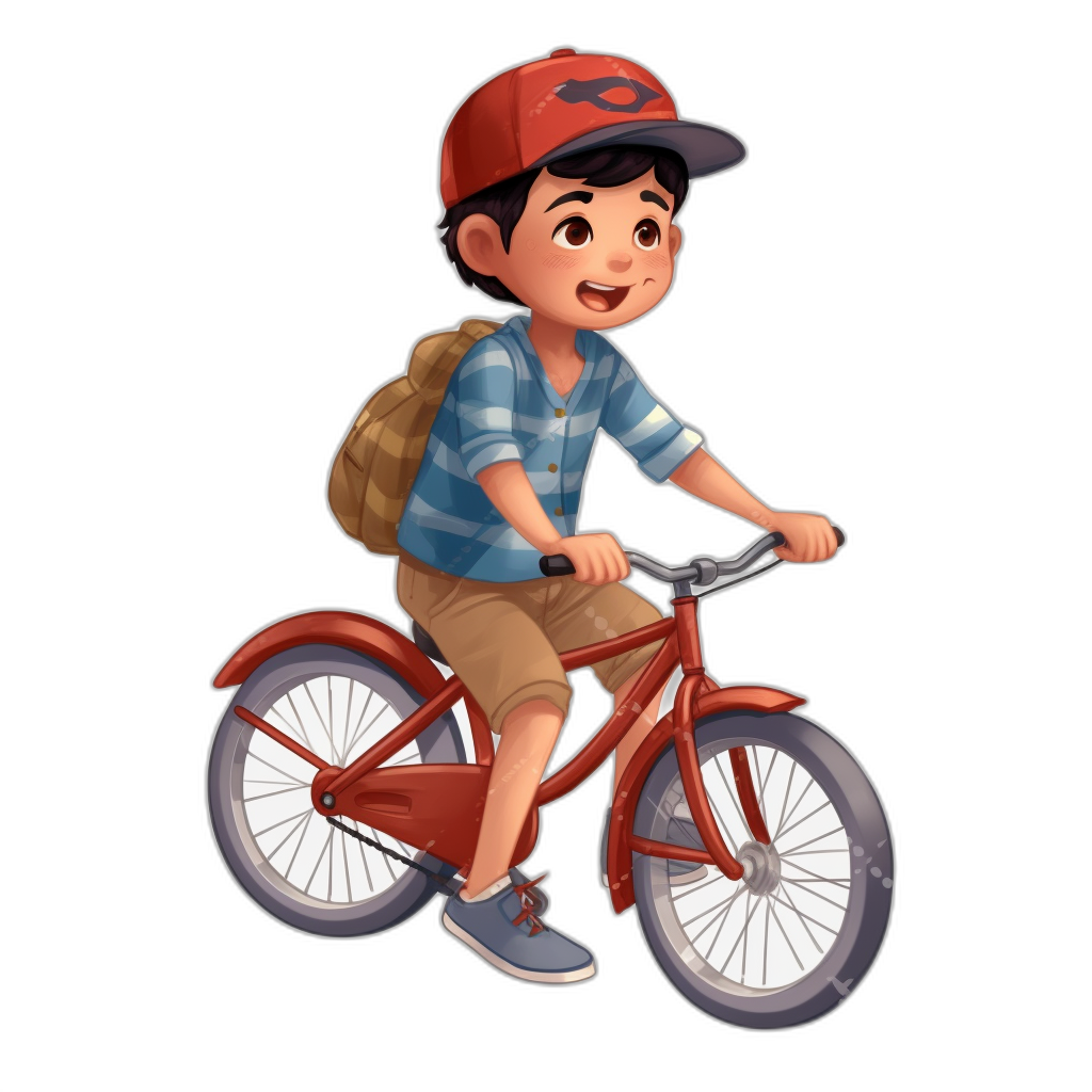 A cute boy is riding his bike, wearing short sleeves and shorts with brown shoes on the feet, cartoon style character design in Disney Pixar style, simple background, full body portrait, black background, red cap, blue striped shirt, backpack,,in