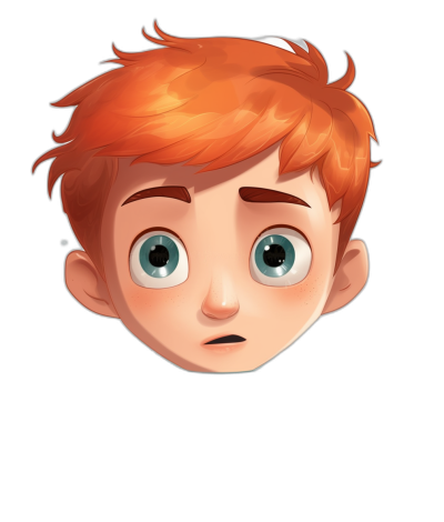 illustration of a cartoon face of a ginger haired boy with big eyes, flat design, black background, in the style of Pixar, concept art for a children's book illustration, high definition, high resolution