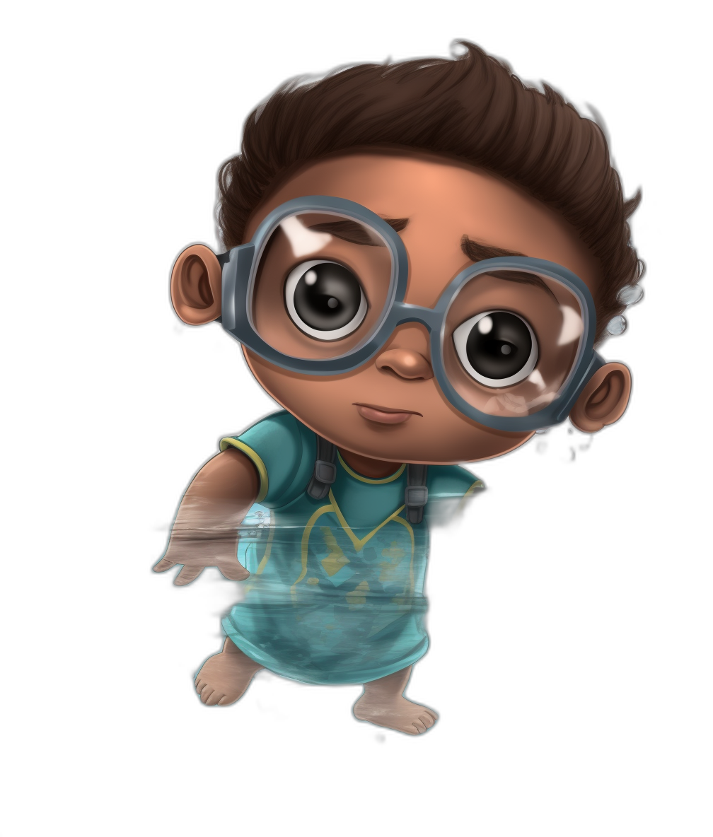 A cute baby with big glasses, short hair and a blue t-shirt is flying in the air, in the style of Pixar. The cartoon character has a full body on a black background with a detailed face. The baby is wearing glasses and has brown skin color. This is a very high quality digital art.