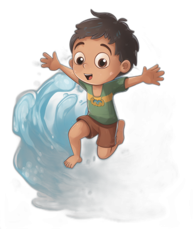 A cute little boy is surfing the waves, with an Asian face and cartoon style. He has short black hair, big eyes, and brown skin color, wearing a green t-shirt and shorts. The background of his jumping pose against water splashes highlights him in the style of a Disney Pixar illustration. Black solid background.