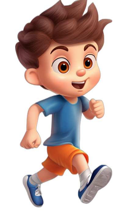 A cute little boy with brown hair, a blue shirt and orange shorts is running and smiling against a black background. The illustration is in the style of a Disney cartoon character with a full body, big head, white shoes, socks and a cute baby face with round eyes and short hair showing a happy expression. It is a cartoon illustration on a solid color background with 3D rendering at a high definition 2K resolution.