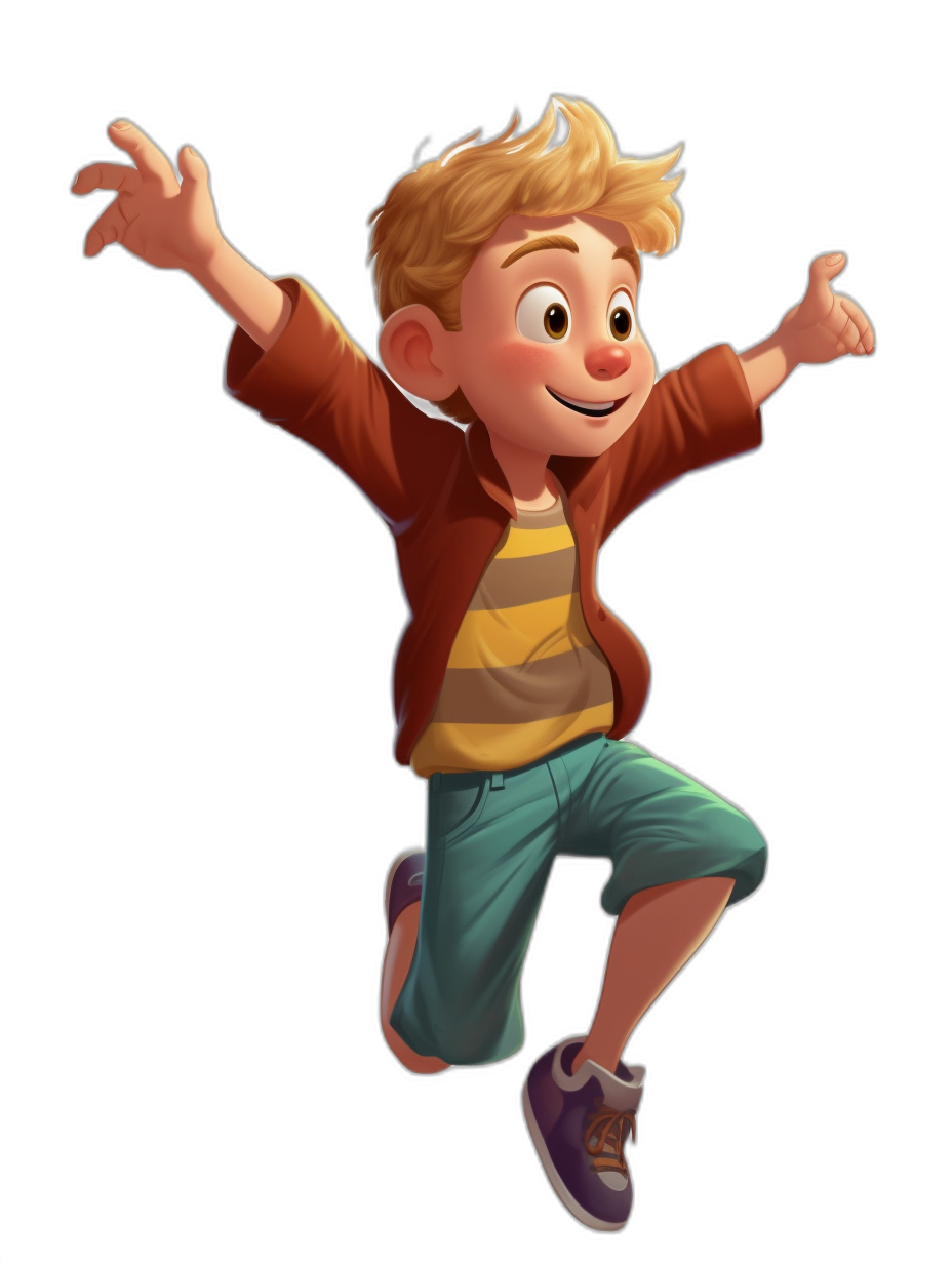 A boy, wearing casual  and sneakers, with blond hair, jumping up happily in the style of Pixar, full body shot, black background, high-definition illustrations, cartoon character design styles, 2D game art, high details, high resolution.