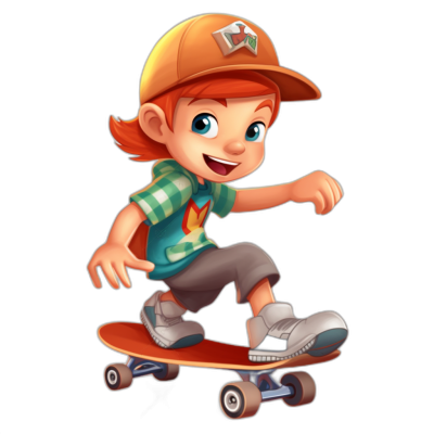 A cartoon-style boy with red hair, wearing an orange cap and green plaid shirt, riding on his skateboard. He has blue eyes and is smiling joyfully. The background of the scene should be black to highlight him in full color. This character will appear as part of your game's avatar or profile picture, so make sure he stands out against the dark backdrop. Make sure that he looks friendly yet cool, embodying skateboarding culture. Isolated vector illustration for graphic design. Vector Illustration in the style of graphic design.