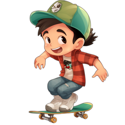 A cartoon character of a chibi boy with a green baseball cap and a red plaid shirt, white sneakers, riding on a skateboard, smiling, in the style of 2d game art, caricature faces, dark background, high resolution, high detail, cartoon style.