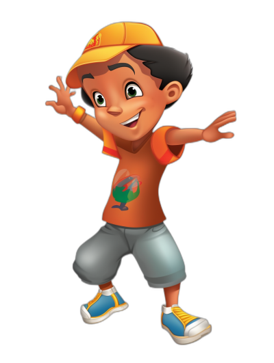 A young Indian boy wearing an orange t-shirt, blue and white sneakers with yellow laces. He has short black hair and is smiling, his right hand in the air for hugging. He wears a cap on his head. He has a brown skin tone, with a colorful tattoo on his chest. A full body shot of the boy in the style of a 3D cartoon character with Pixar quality and a Disney vibe. The image has a colorful style on a black background with a white outline.