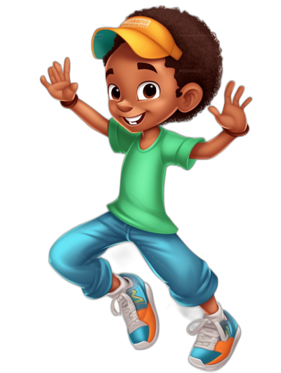 Create an African American boy character in the style of Pixar, he is wearing blue pants and green t shirt with orange shoes and hat on his head jumping for joy. Black background. The Disney cartoon has brown skin tone hair with white eyes and smiling face. He's wearing bright colors .