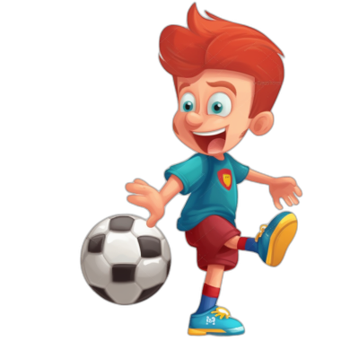 a cute cartoon boy playing football, red hair and blue t-shirt with shorts, black background, vector illustration style, simple lines, flat color blocks, simple details, 2D design, children's book illustrations, graphic illustration for kids, solid colors, high resolution, 300 dpi, high quality, high definition, high detail, high sharpness, high contrast, professional graphics, best resolution, no shading.