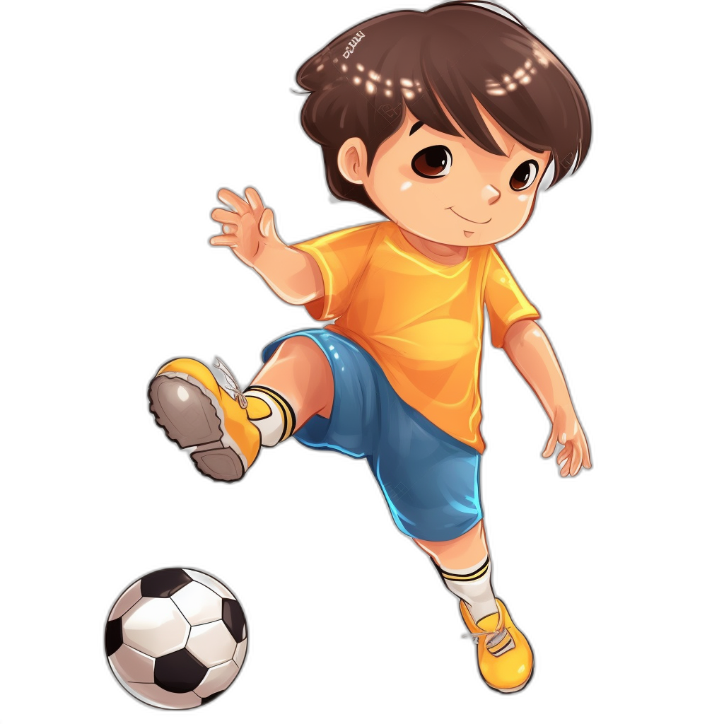 A cute cartoon avatar of an Asian boy in yellow and blue shorts, wearing soccer shoes, is kicking the ball with his right foot on a black background. The little girl has short brown hair, big eyes, and is drawn in bright colors with high definition resolution in the flat design style.