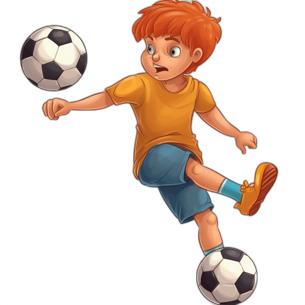 A cute red-haired boy playing soccer in the style of cartoon, in the style of pixar artstyle on a black background.