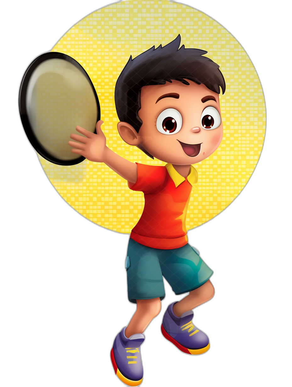 A cute happy boy is playing table tennis in a cartoon style with a character design. He has colorful  with a red shirt, blue shorts, purple shoes and white socks against a yellow and black background. He is holding a frisbee ready to throw it towards the viewer. Behind him is a yellow circle with light rays coming out of his head. He has simple facial expressions.