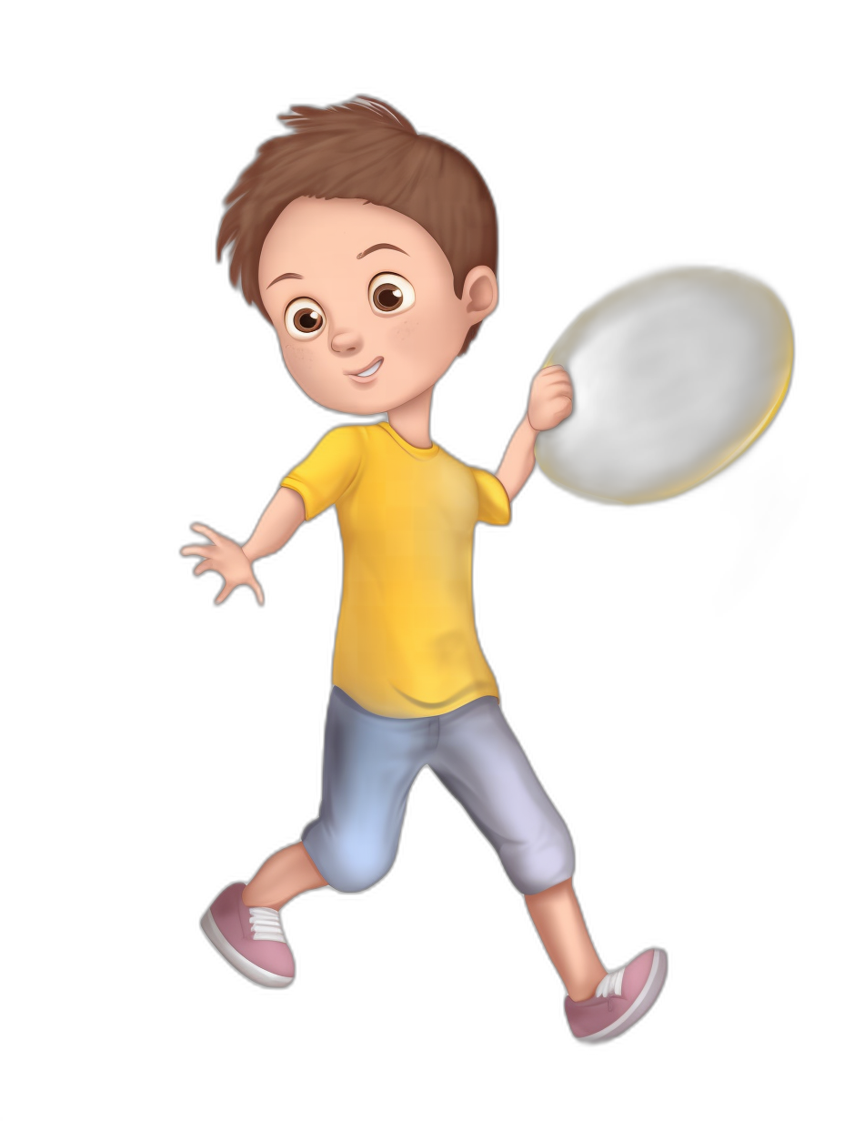 A cute cartoon boy with brown hair and a yellow t-shirt, grey blue shorts is playing frisbee on a black background, 3D rendered in the style of Pixar with a happy facial expression, shown in a full body view from a wide angle shot.