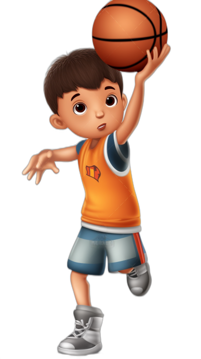 A cute boy playing basketball in the style of cartoon style against a simple black background with a cartoon character design wearing solid color  and simple clean white shoes in the Disney Pixar animation style. He is jumping up to shoot an outdoor three-point shot from above, wearing an orange vest with red stripes on the sleeves of his shorts. The image is high resolution.