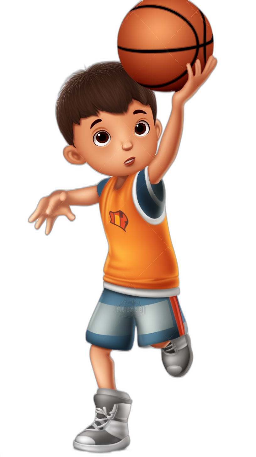 A cute boy playing basketball in the style of cartoon style against a simple black background with a cartoon character design wearing solid color  and simple clean white shoes in the Disney Pixar animation style. He is jumping up to shoot an outdoor three-point shot from above, wearing an orange vest with red stripes on the sleeves of his shorts. The image is high resolution.