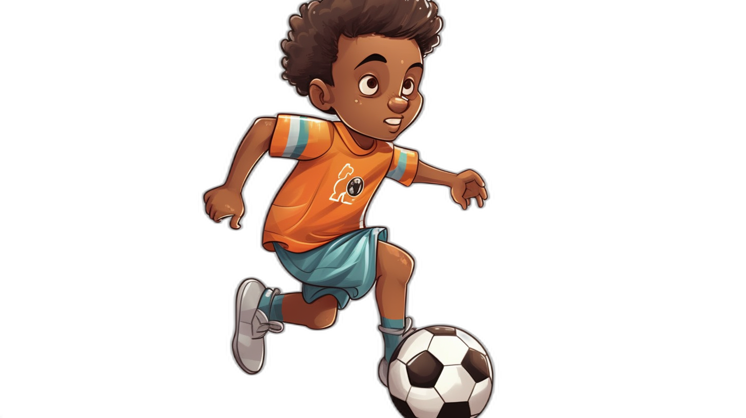 8 year old african american boy playing soccer, cartoon style illustration, full body shot with black background, character sheet design, wearing orange and teal shorts, white shoes, short hair, brown skin tone colour skin