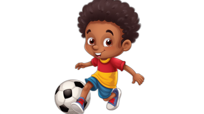 African American boy playing soccer, in the style of a cartoon, vector illustration, black background, 2d game art, cute character design, high resolution, colorful animation stills, high detail, high quality