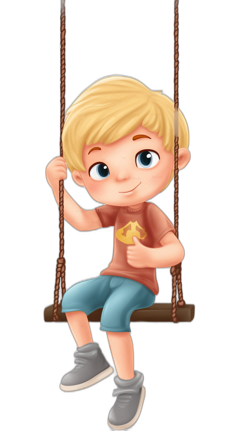 Cute cartoon boy with blonde hair sitting on the swing, holding a golden dollar in his hand, against a black background, in the style of Pixar, a full body shot, with a cartoon character design, a simple and clean picture, with simple  details, full of vitality, with a lively expression, bright colors, and cheerful movements.