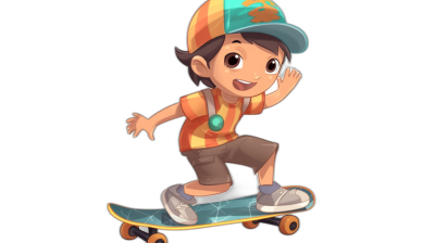 A cute cartoon character of an Asian boy on a skateboard, wearing a cap and shorts, black background, concept art in the style of Pixar, cgsociety, character design, game asset