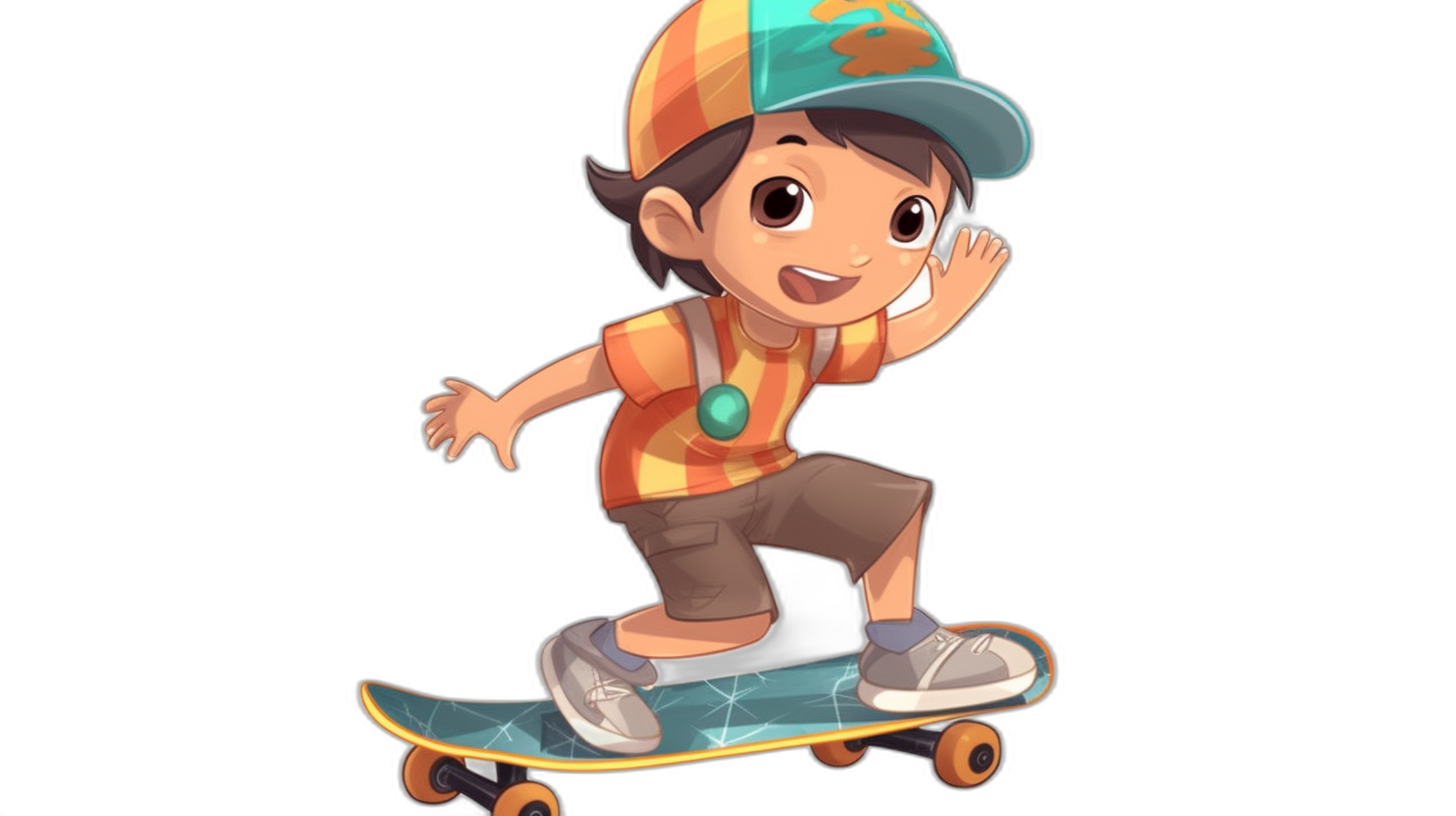 A cute cartoon character of an Asian boy on a skateboard, wearing a cap and shorts, black background, concept art in the style of Pixar, cgsociety, character design, game asset