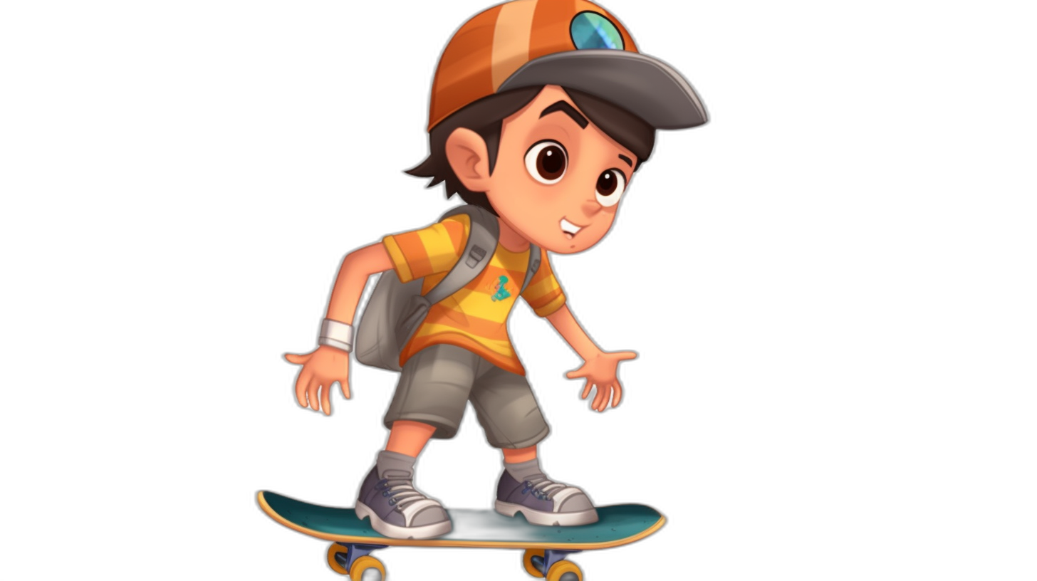 A cartoon-style boy on a skateboard in a full body shot with a black background, wearing a cap and sneakers, an orange shirt, and grey shorts in the style of a game character design. It is a 3D rendering in the Disney style with Pixar animation influences. The boy is cute with simple lines and no details around the head in a full-body shot against a solid color background at a high resolution.