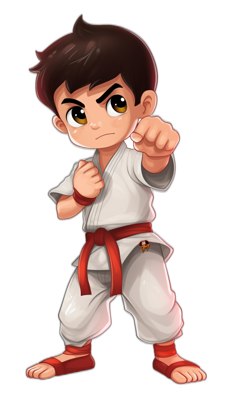 cartoon chibi style of an Asian boy with dark brown hair and big eyes wearing white karate pants, red belt, doing a side kick pose on a black background, in the chibbi kawaii cartoon style.