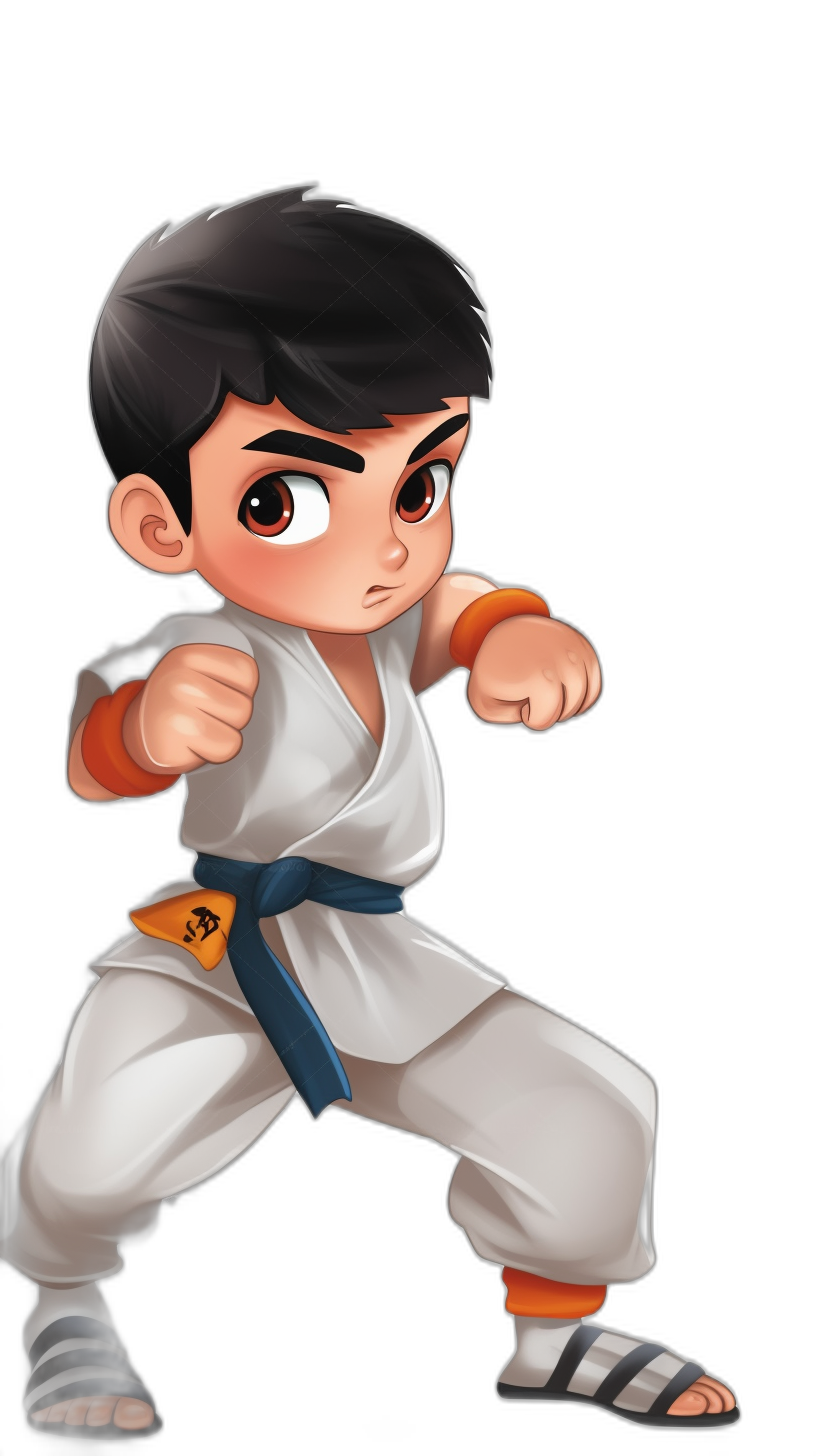 A young boy in white martial arts attire with orange accents, ready to fight, black hair and eyes, side view, in the style of chibi, on a pure solid background