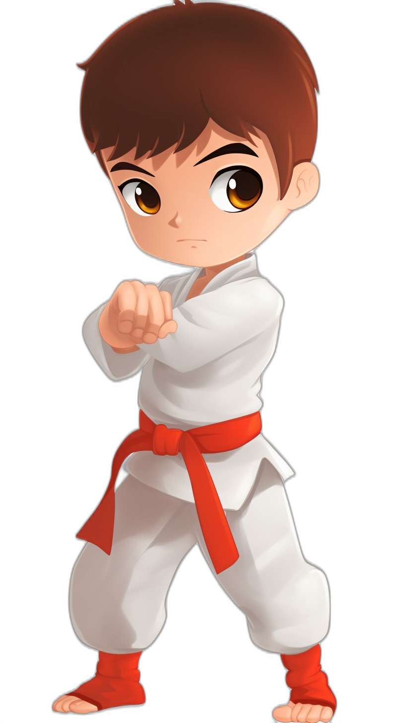 cartoon chibi style, young boy with brown hair and big eyes doing karate stWERKk in a white t-shirt with a red belt against a black background.