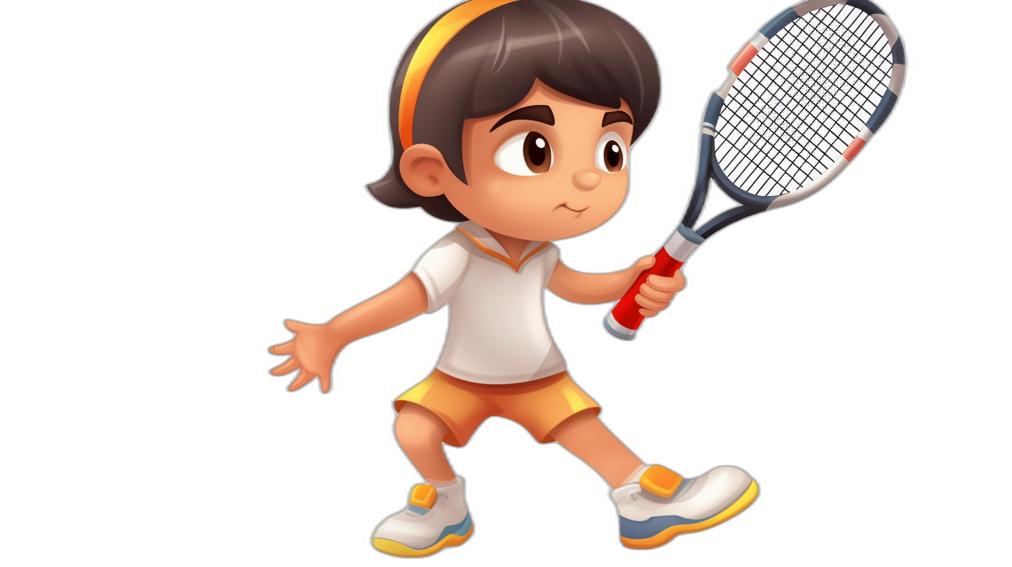 A little girl playing tennis, wearing white and yellow shorts with orange accents on the sides of her legs, she has black hair in an updo, brown eyes, holding a red racket, cartoon style character design, simple background, black background, game art