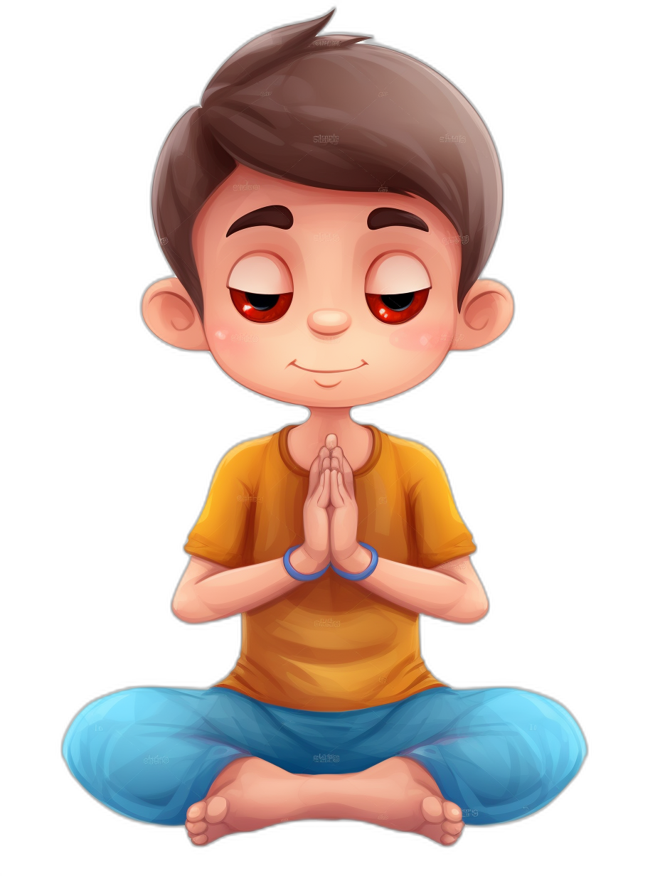 A cute little boy doing yoga in the style of Disney Pixar animation, with a cartoon style and character design, on a simple black background. He has cute eyes and is wearing blue pants and a yellow t-shirt, with his hands folded in prayer above his head with closed palms, sitting on the floor of his room. The face is smiling slightly. He has short brown hair and red eyelashes. It is a full body portrait in high resolution and high quality, with a realistic style.