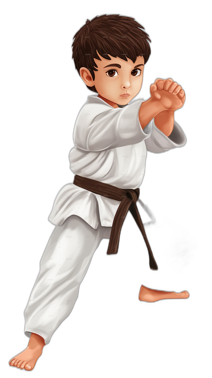 A cute little boy in a white karate outfit, with a brown belt and black hair, is doing a side kick pose. The background of the illustration should be pure black to highlight his character. He has big eyes with an adorable expression. A full body shot, with no text or other elements on screen. This design will create a lively cartoon style for children’s book illustrations, in the style of Pixar. Black Background.