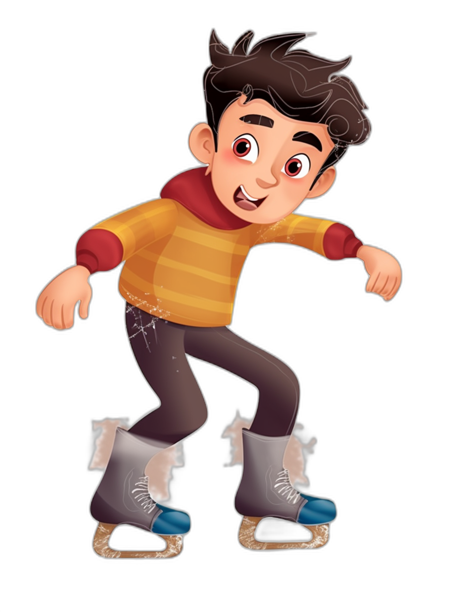 Cartoon of a happy young boy ice skating, full body, on a black background, in the style of Disney Pixar with a simple and cute character design, with cartoon hands and feet, wearing fashionable  and shiny metal skates on his shoes, with short sleeves and long pants or jeans, colorful hair, high quality, high resolution illustration.