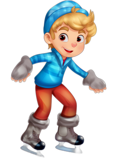 Illustration of a boy ice skating, with blond hair and blue eyes, wearing winter  with orange pants isolated on a black background, in the style of Disney cartoon illustration.