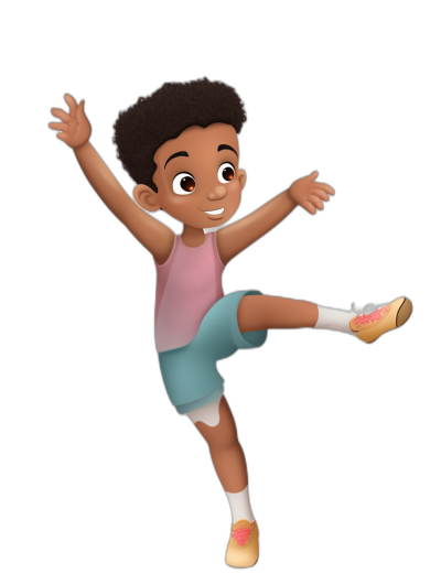 african american cartoon boy doing a ballet pose against a black background, in the style of 3d disney animation pixar.