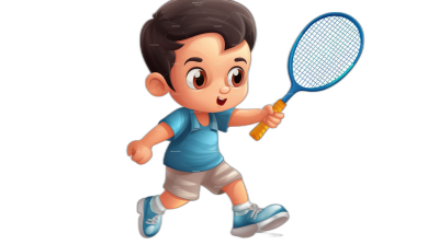 A cute little boy is playing badminton, with Asian facial features, short black hair and brown eyes, wearing a blue T-shirt with white shorts, in the style of a cartoon character design, on a solid color background, in the style of a cartoon animation illustration, as a full body shot, holding the racket in both hands in a running posture, full of vitality.