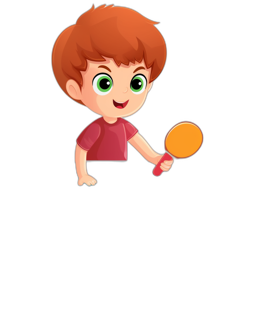 boy playing table tennis in the style of a cartoon, clip art for kids on a black background, simple design, cute character with green eyes and red hair