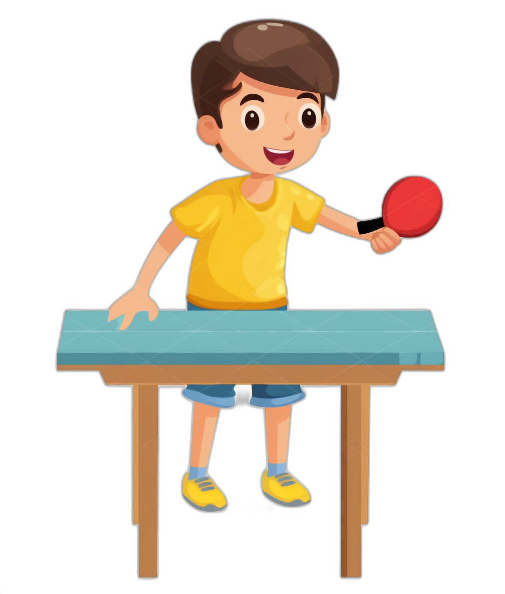 A boy playing table tennis, vector illustration for kids book, cartoon style, full body, simple and clean black background, no shadow. In the style of Len.