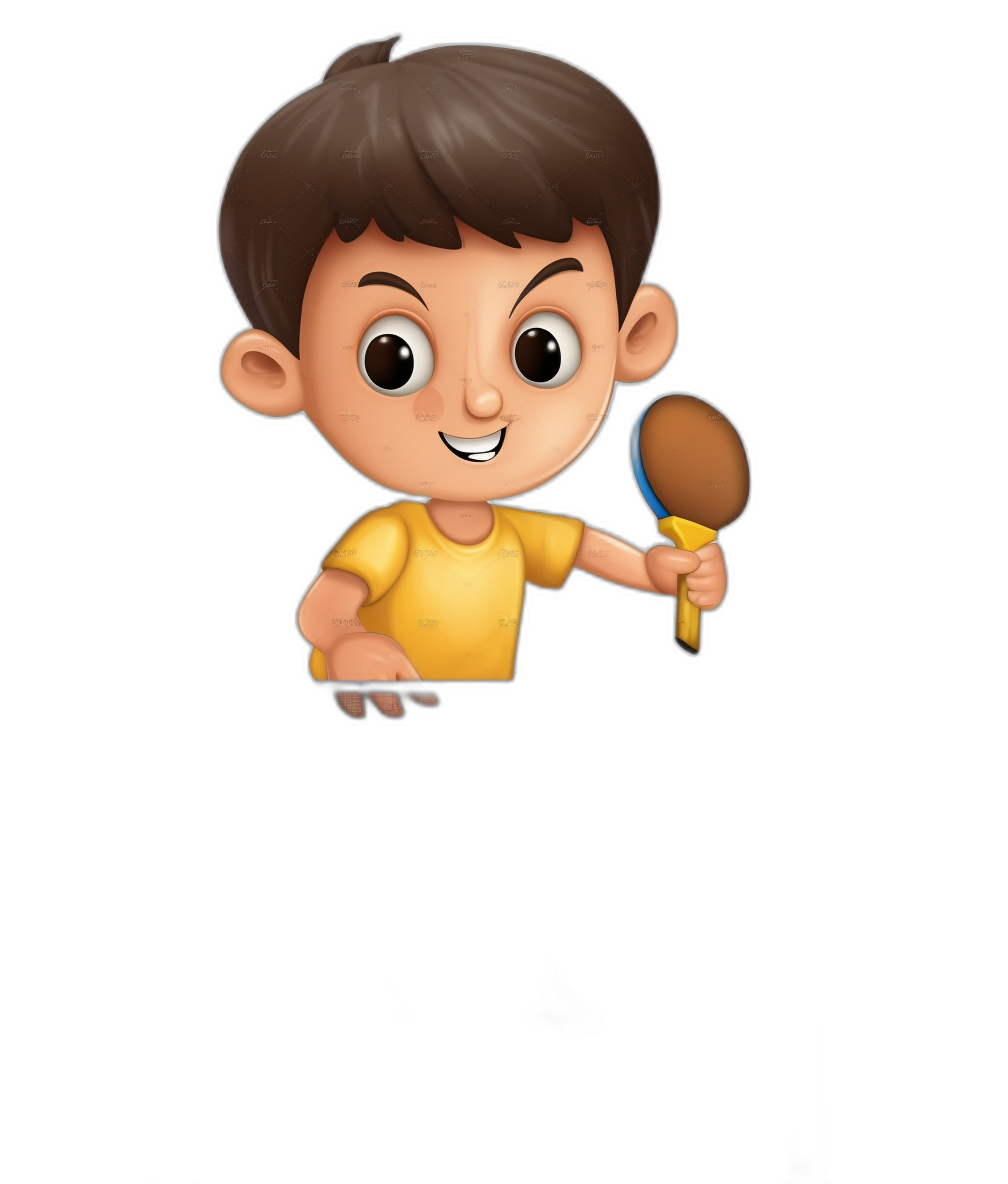 boy holding a table tennis racket cartoon illustration on a black background, with a simple design in a cute style. It shows the front view of a boy with a yellow t-shirt and brown hair smiling while playing. The depiction is in the style of a desk pokemon chibi character, holding a ping pong baton in his hand.