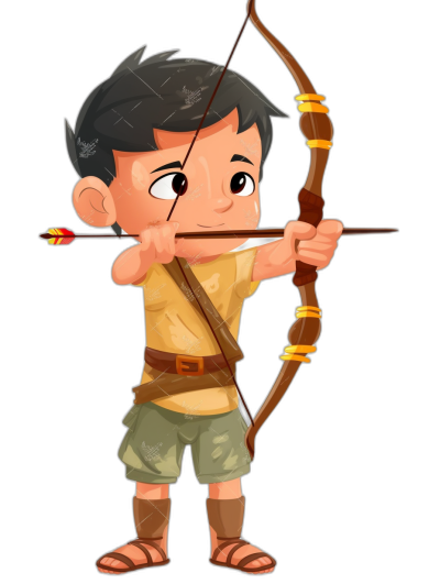 A cute cartoon avatar of an archer boy with black hair, wearing brown short sleeves and green shorts, holding his bow drawn back ready to shoot arrows. The background is pure white, giving the character vivid colors. The illustration is in the style of a vector illustration with a simple and flat design at a high resolution, suitable for children's book illustrations or casual game art, with a focus on the face.