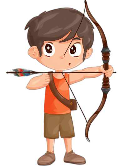 A cartoon illustration of an archer boy, wearing an orange t-shirt and brown shorts with a bow on his back, holding an arrow in his hand, black background, in the style of chibi.