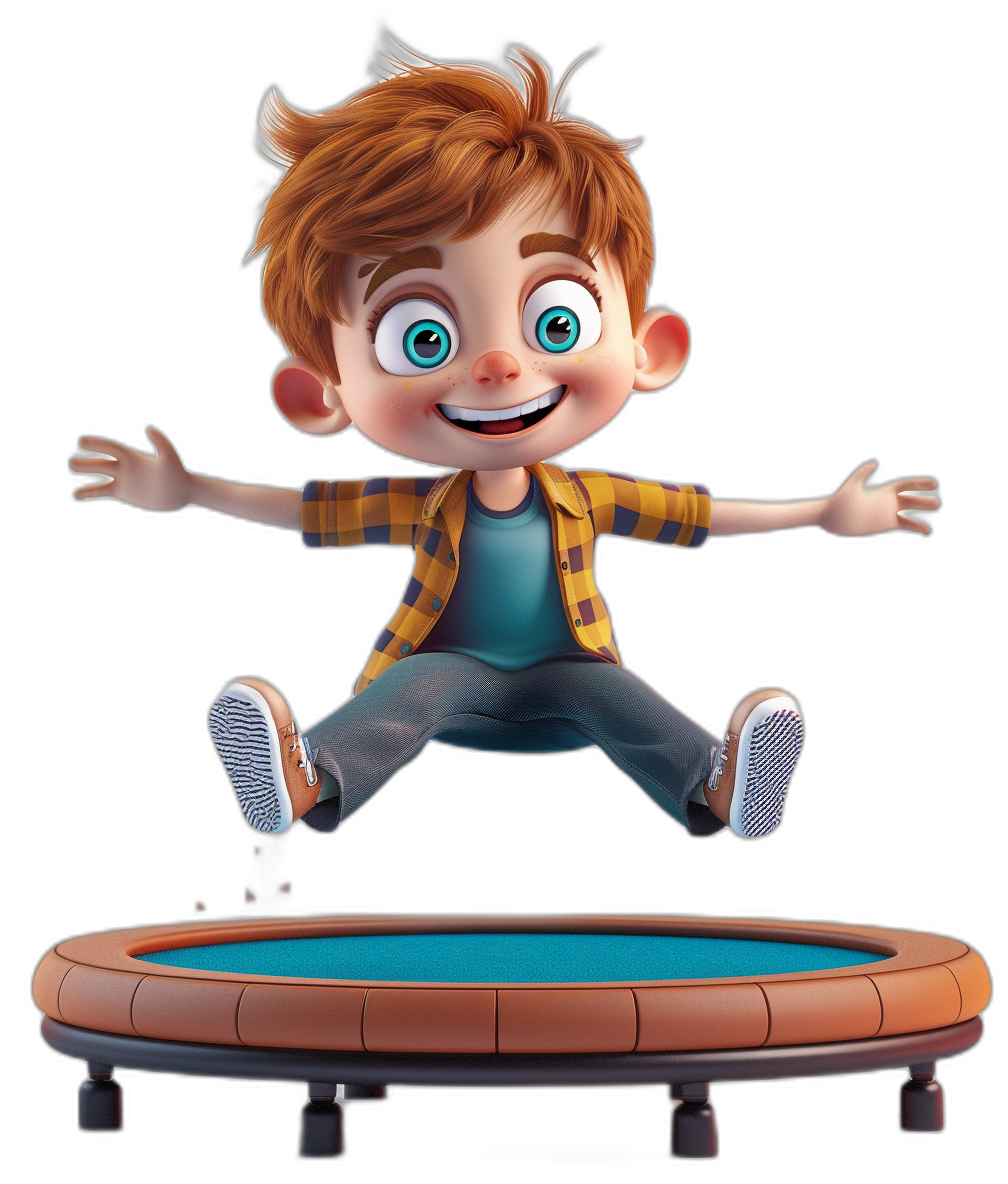 A cute boy with blue eyes and short red hair is jumping on the trampoline, in the style of Disney Pixar, on a black background, in a 3D cartoon game art style, in cartoon character design styles, with colorful costumes, in animated illustrations, full body photos of children’s character designs in the style of Disney animation, with high-definition resolution, and high-quality rendering.