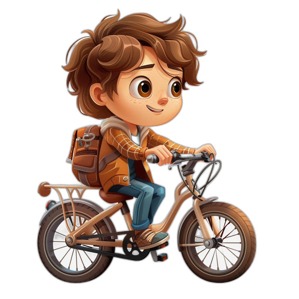 A cute boy riding an electric bike, with brown hair and big eyes, dressed in casual  and carrying backpacks on his back, in the style of a cartoon character design illustration, a full body portrait, on a black background, with high definition details, rendered in octane, high resolution, best quality.