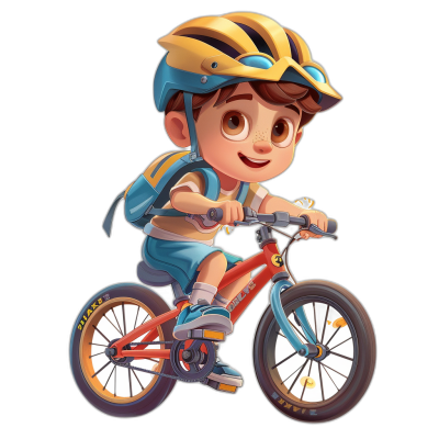 A cute cartoon boy is riding his bike, wearing blue shorts and a yellow helmet with a black background. The image is high resolution with an illustration style similar to Pixar's 2D game art style. The cartoon character design includes a 3D render.