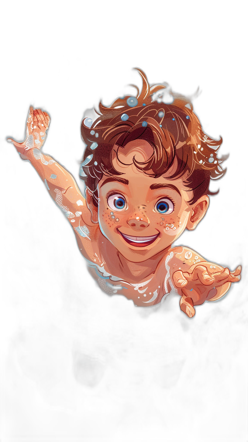 A cute cartoon of a happy baby boy swimming in the air against a black background, in the style of Disney, with Pixar animation style, character design, character sheet, close-up portrait.