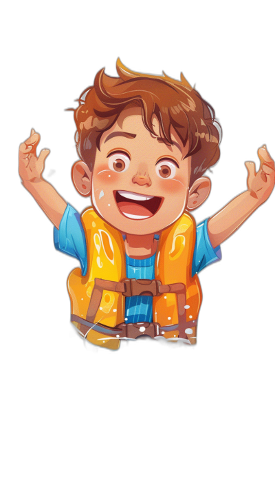 A cute happy boy wearing a life jacket, with simple facial expressions and hands up to the sky, in the style of a flat illustration, on a simple black background, as a 2D cartoon, with bright colors, warm tones, high saturation, viewed with a wide-angle lens, in soft light, with lively movements.