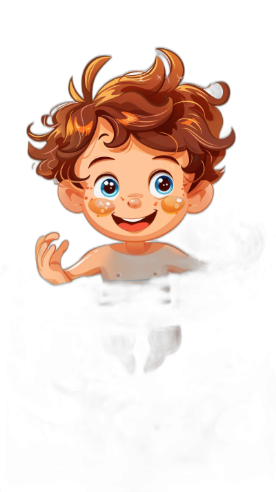 Cute baby boy with brown hair and blue eyes smiling, in the style of Pixar clipart of floating in black water with a dark background