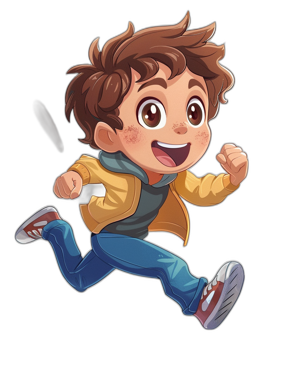 a cute cartoon character of young boy running, chibi style, vector art, digital painting, wearing brown jacket and blue jeans, smiling with eyes open, black background, high resolution