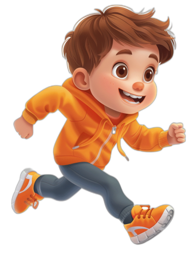 A cute cartoon boy, wearing an orange hoodie and blue jeans with white lace shoes, runs with a smiling face and brown hair against a black background in the style of Pixar.