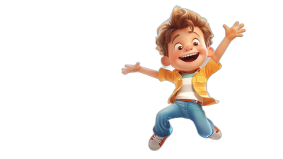 A cute little boy is jumping up and down in the style of Disney Pixar, against a black background, with a cartoon character design in a full body shot at high definition, high resolution, high detail, and high quality with bright colors. He is wearing a white shirt with a yellow jacket, blue jeans, and brown shoes with a smiling, cheerful expression. He has short hair tied back with brown eyes.