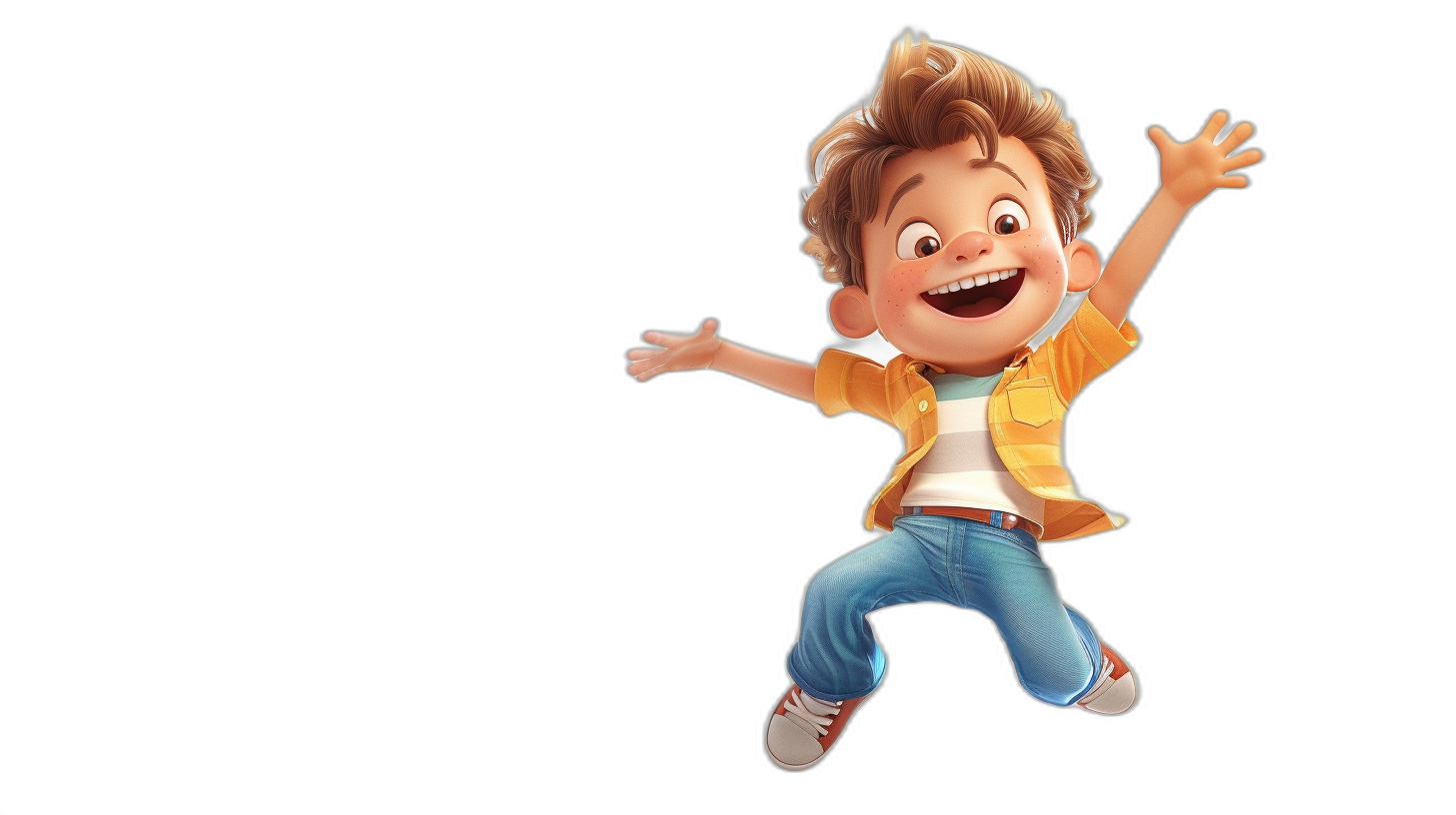 A cute little boy is jumping up and down in the style of Disney Pixar, against a black background, with a cartoon character design in a full body shot at high definition, high resolution, high detail, and high quality with bright colors. He is wearing a white shirt with a yellow jacket, blue jeans, and brown shoes with a smiling, cheerful expression. He has short hair tied back with brown eyes.