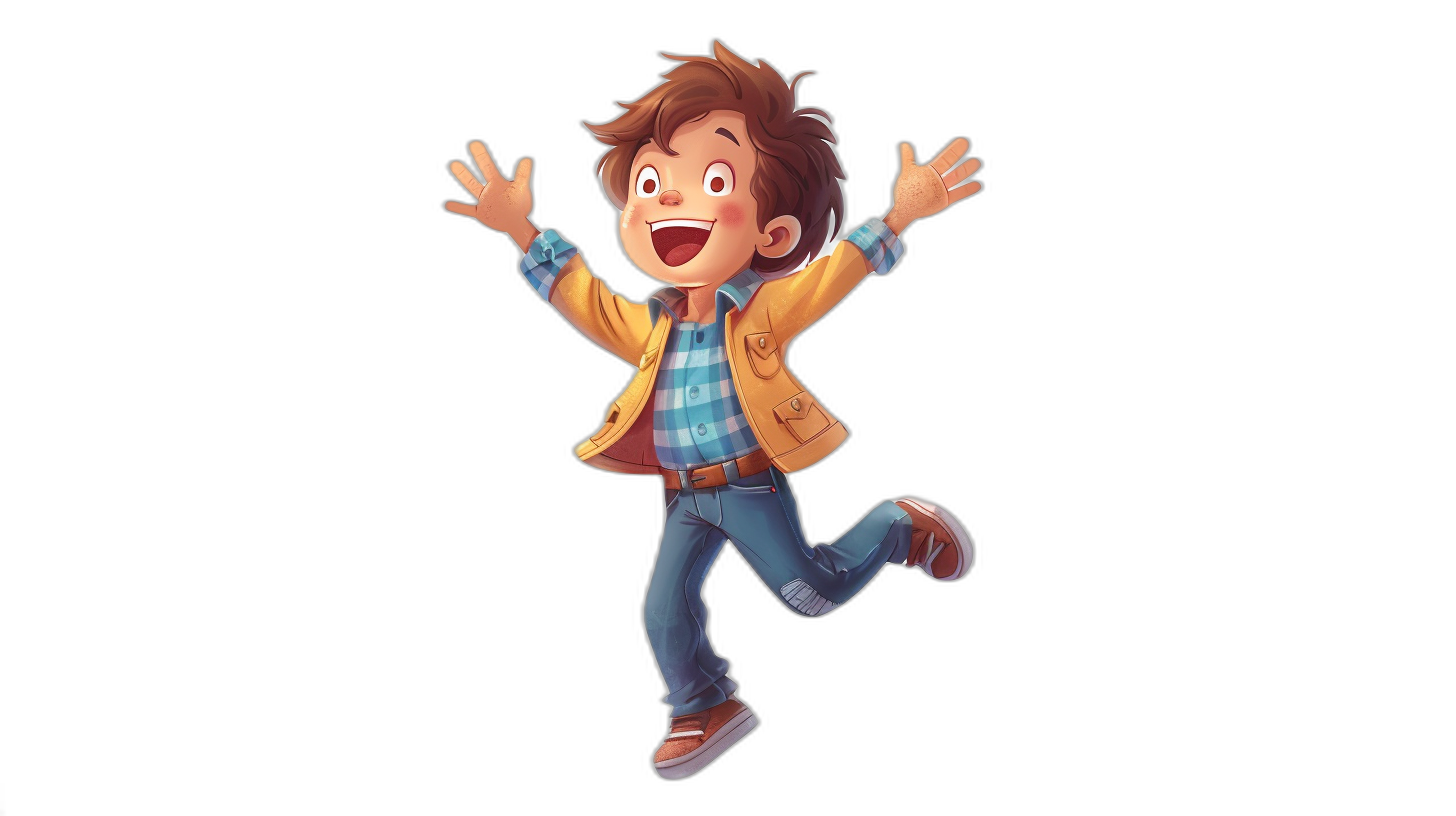 A cute cartoon boy with brown hair is jumping up and down, wearing jeans and a blue plaid shirt, with a yellow jacket on top of his , smiling happily against a black background. The drawing is in a simple cartoon style reminiscent of Disney Pixar animations, with a full body shot shown in high resolution and high detail.